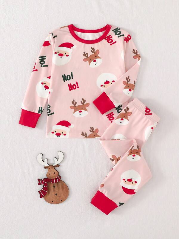 THE HAPPY LOOK Young Girl Cartoon Christmas Pattern Knit Soft Crew Neck Long Sleeve Top And Elastic Waist Long Pants Snug Fit 2-Piece Pajama Set