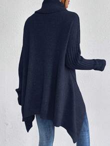 EMERY ROSE Women's Solid Color Minimalist Turtleneck Long Sleeve Pullover Sweater, Everyday Wear - Navy Blue - View 2