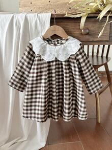 Vintaside Kids Baby Girl Brushed Thickened Warm Dress, Elegant Countryside Style, Fashion All-Match Cute Dress For Spring, Autumn & Winter - Brown - View 3