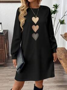 EMERY ROSE Robe style minimaliste décontracté, manches raglan noires, imprimé cœur brun clair, grande taille, convient pour l'automne/l'hiver