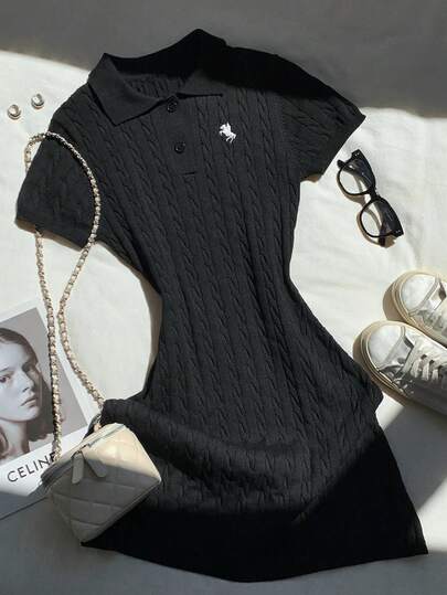 Comfortcana Vestido de suéter de punto de cable con cuello polo bordado, casual y para ir al trabajo, para otoño/invierno