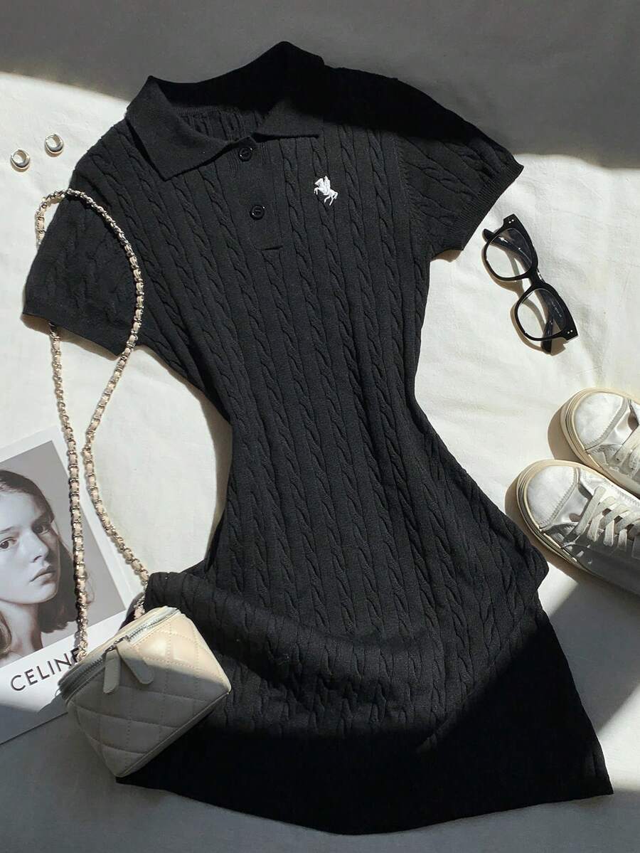 Comfortcana Women's Casual Commuting Embroidered Polo Collar Cable Knit Sweater Dress, Autumn/Winter Goth Goth - Black - View 1