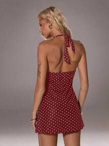 TRNVIE 浪漫波点V领女士迷你连衣裙，初秋 - 酒紅色 - 查看 2