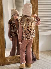 冬季少女可爱复古豹纹仿口袋毛绒外套搭配柔软罗纹喇叭裤套装 - 巧克力棕 - 查看 2