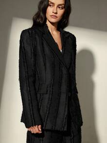 Aveloria Modichic Women's Textured Frayed Edge Striped Tassel Design Minimalist Blazer Jacket Paired With Wide Leg Pants Suit - Black - View 4