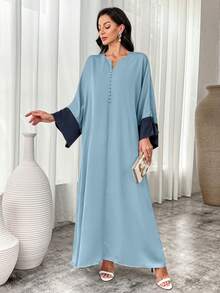 Al Najma 女式 V 领撞色喇叭袖阿拉伯长裙，端庄优雅的全罩式长裙，适合日常休闲/节日/晚会/婚礼宾客 - 藍色 - 查看 5