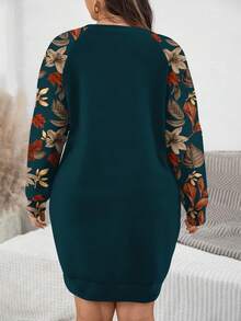 EMERY ROSE Casual Minimalist Navy Blue Vintage Maple Leaf & Floral Print Plus Size Sweatshirt, Autumn/Winter - Multicolor - View 2