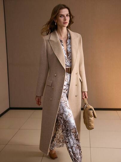 MOTF PREMIUM ABRIGO LARGO AJUSTADO DE DOBLE BOTONADURA CON SOLAPA PARA MUJER, OTOÑO/INVIERNO