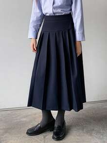 DAZY Sophisticated Pleated Midi Skirt In Navy Blue For Tween Girls - Navy Blue - View 6