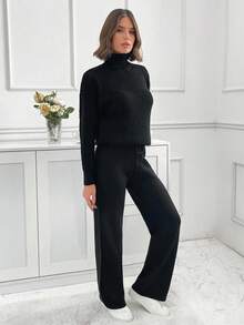 EURMUSE Turtleneck Drop Shoulder Sleeve tröja och byxor Set - Svart - Visa 5