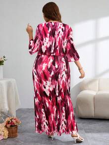 Reflora Plus Size Elegant All-Over Print Textured Fish Tail Hem Dress, Autumn - Burgundy - View 2