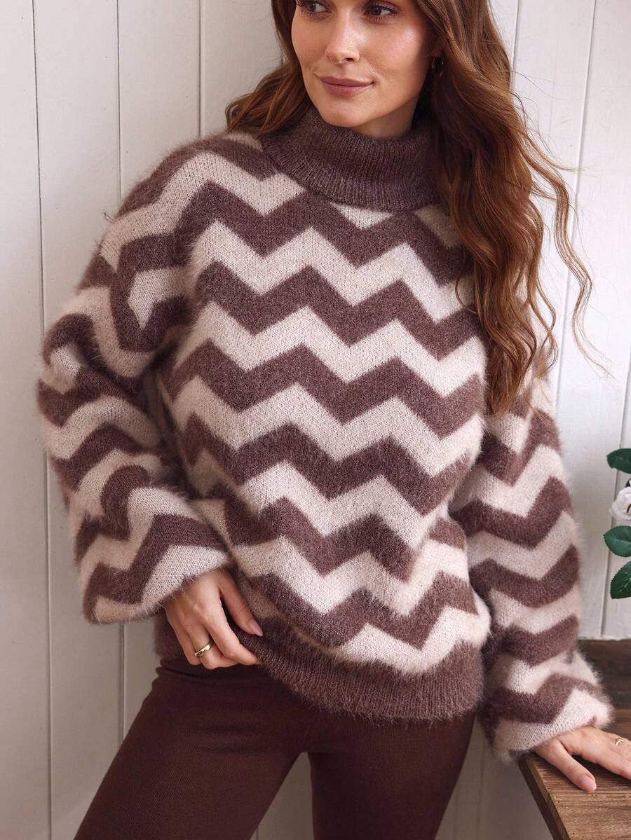 SHEIN Clasi Women's Casual Colorblock Striped Turtleneck Sweater, Autumn/Winter - Brown - View 1