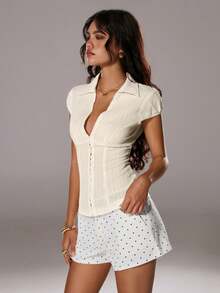 TRNVIE 夏季白色纹理领口修身胸前纽扣性感办公室女士棉质条纹短袖衬衫 - 杏色 - 查看 3