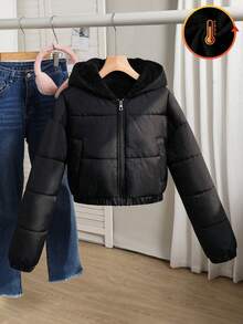 Sparklyn 少女休闲短款连帽棉衣，保暖内衬，宽松版型，舒适，适合秋冬季日常穿着、户外、派对、拍照 - 黑色 - 查看 7