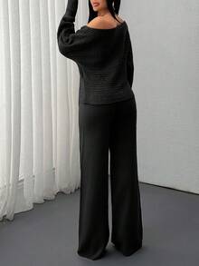 EURMUSE Solid Color Holo Out Batwing Sleeve Sweater, Spring/Fall Season, Long Sleeve Top And Sweater Pant 2pcs Set - Black - View 2