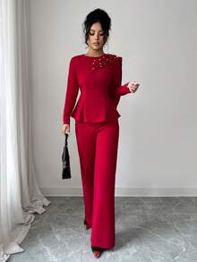 SHEIN Elenzya 2025秋季优雅勃艮第弹力面料时尚修身长袖通勤风荷叶边衬衫+阔腿裤套装，适合冬季正式场合、家庭聚会、情人节、圣诞节、万圣节、新年、女士职业装 - 紅色 - 查看 6