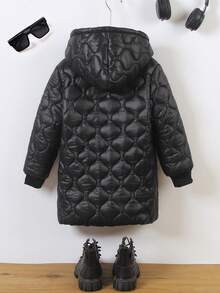 SHEIN Genkimix Kids 女童拉鍊連帽毛絨內裡加厚外套，女童冬季保暖夾克，黑色，保暖內裡 - 黑色 - 查看 2