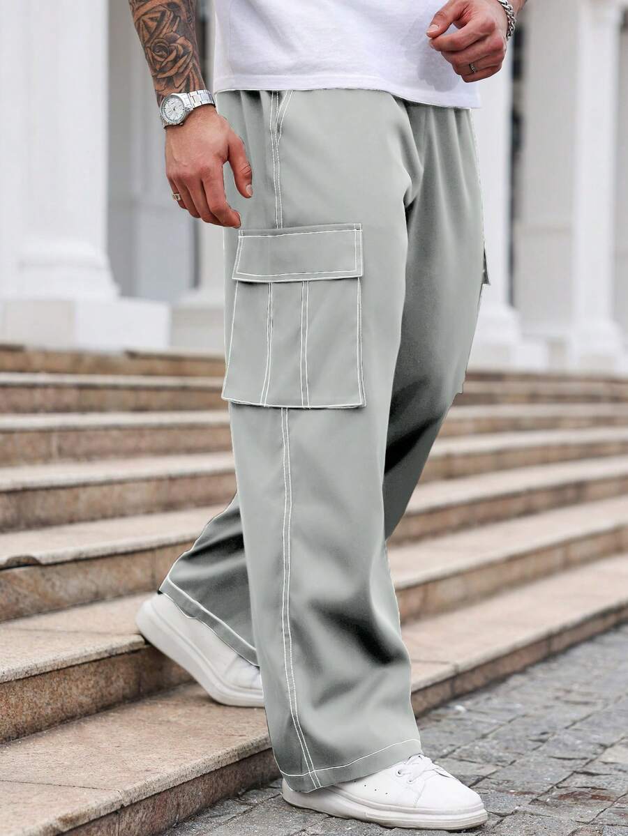 Manfinity Homme Pantalones casuales holgados de pierna ancha con bolsillos cargo para hombres de talla grande - Gris - Ver 1