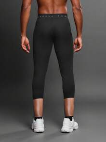 SUMWON 运动压缩跑步 3/4 紧身裤，带高性能提花腰带，底层全长吸湿排汗训练紧身裤，适合健身房瑜伽锻炼四季运动服 - 黑色 - 查看 2