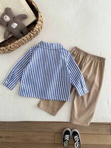 SHEIN 2pcs Baby Boy British Style Striped Collar Button-Up Polo Print Thick Shirt & Casual Trousers Suit, Thermal Lined, Suitable For Winter - Multicolor - View 2