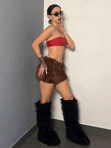 EgrlEra 女士性感蓬松酒红色低腰迷你裙 - 咖啡棕 - 查看 3