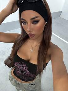 StreetHx Streetwear 女式摇滚深色水钻抹胸上衣 - 黑色 - 查看 5