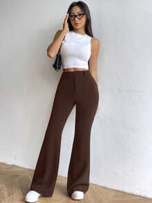Flirla Quần ống loe cạp cao thời trang đa năng màu trơn thường ngày dành cho nữ - màu nâu - Xem 5