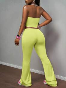 Slaydiva Conjunto de 2 piezas de top tubo sin mangas y pantalones acampanados con estampado de cerezas, de tela elástica de punto en color rosa, estilo retro americano, para fiestas, vacaciones, playa, estilo casual diario, festival de música bohemio, primavera/verano 2025 - Amarillo claro - Ver 2