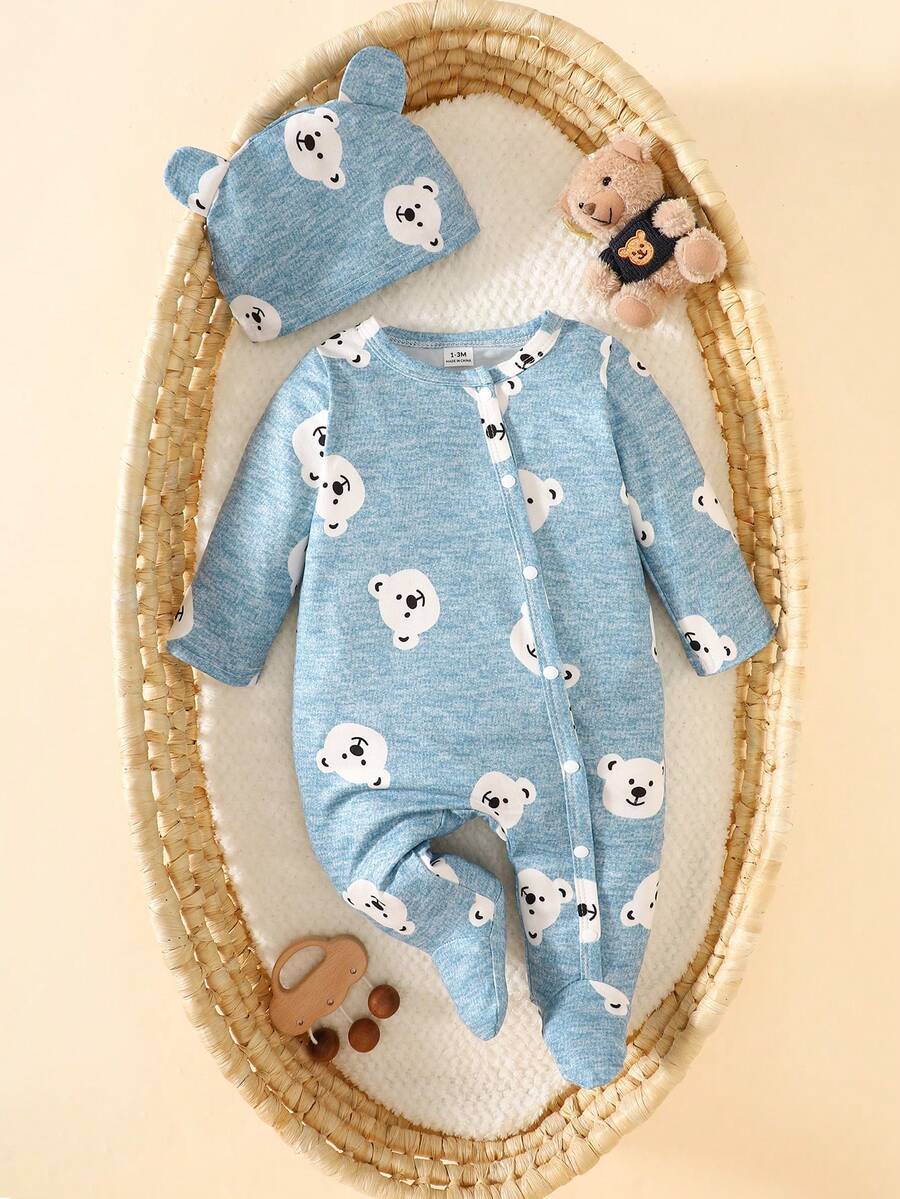 SHEIN 2 件套新生儿男女通用卡通熊印花长袖连体衣带帽，适合春、夏、秋、冬日常穿着、生日派对、摄影 - 藍色 - 查看 1