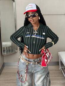 Coolane 女士秋季音乐会锐舞节外出街头服饰 Y2K 复古图案绿色翻领长袖T恤 - 綠色 - 查看 4