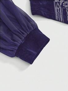 ROMWE Goth Blusa de manga abullonada con cuello cuadrado de encaje, parches y malla negra con bordado de cruz y castillo gótico vintage para mujeres - Morado - Ver 4