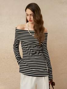 Cévolie 女士休闲条纹露肩开叉长袖T恤，适合秋季 - 黑與白 - 查看 4