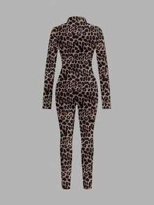 Slaydiva Casual Long Sleeve Front Zipper Jumpsuit, Leopard Print, Sexy & Wild, Suitable For Autumn/Winter - Multicolor - View 3