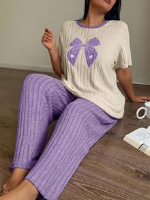SHEIN Plus Size Women Knitted Ribbed Bow Embroidered Round Neck Short Sleeve Pants Casual Pajama Set - Purple - View 6