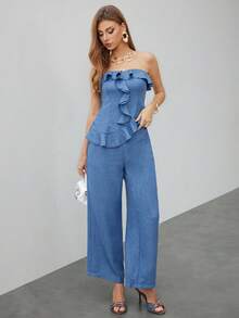 SHEIN Unity 2pcs Women's Fashion Elegant Asymmetrical Hem Ruffle Camisole And Pants Set - Blue - View 4