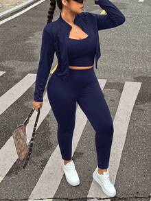 SHEIN EZwear Plus Size Black Sleeveless Jacket, Elastic Lightweight Yoga Sports 3 Pieces Set