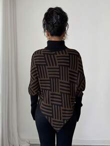 Elenzga Women's Elegant High Neck Geometric Textured Poncho Sweater, Colorblock, Suitable For Home & Travel, Spring/Autumn - Chocolate Brown - View 2