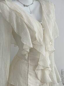 Elamini 2件套杏色冬季通勤日常腰部收腰荷叶边V领喇叭袖可爱休闲女士长袖迷你连衣裙套装 - 杏色 - 查看 3