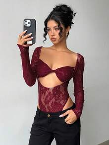 Aloruh Women's Sexy Crop Top Sheer Bodysuit - Burgundy - View 7