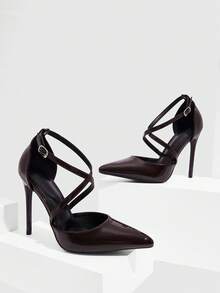 CUCCOO SZL 女士时尚深咖啡色交叉尖头细高跟鞋，镂空正装鞋，适合通勤、约会、派对、婚礼 - 咖啡棕 - 查看 2