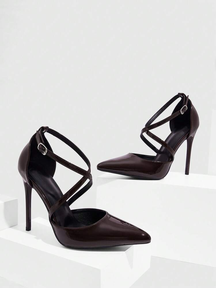 CUCCOO SZL Women's Fashion Dark Coffee Criss-Cross Pointed Toe Stiletto High Heel Pumps, Hollow Out Dress Shoes For Commuting, Dating, Party, Wedding For Christmas Spring Shoes