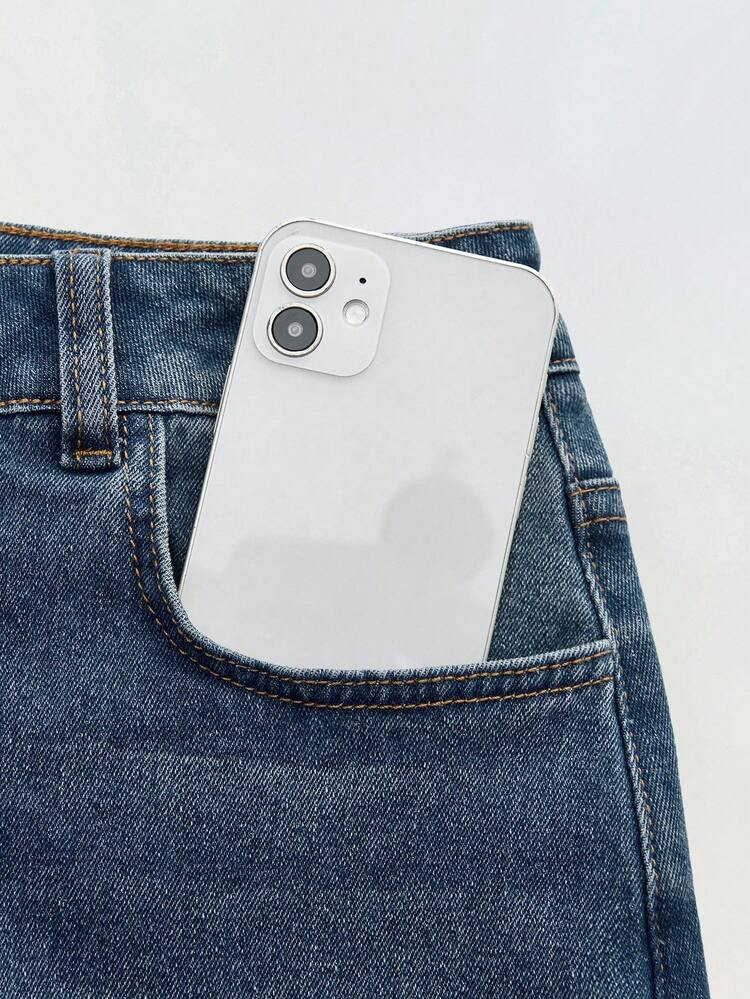 SHEIN Maija Women's Blue Denim Skirt, Elegant Old-Fashioned Mid-Length Skirt With Metal Buckles For Autumn Date Wear Office Midi Skirt