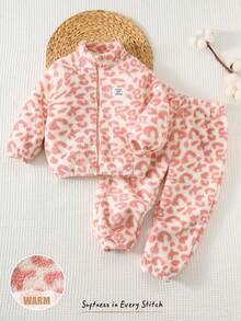 Cozy Pixies 2 件套少女豹纹保暖内衬圆领夹克和松紧腰及踝长裤套装 - 粉色 - 查看 8