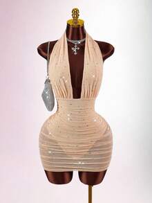 Amplova Rochie mini sexy de petrecere cu imprimeu floral din plasă cu strasuri, fără spate, cu halter - Caisă - Vizualizare 3