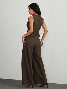 SHEIN PETITE 优雅通勤纯色裹身背心和裤子套装 - 棕色 - 查看 2