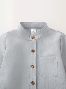 SHEIN 男童休闲日常通勤字母拼布口袋立领长袖衬衫，秋季/春季