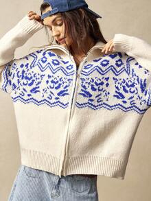 Bohemela 女士时尚复古费尔岛提花拉链开衫秋冬女装 - 杏色 - 查看 8