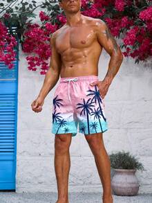 Surfspeed Shorts de playa de verano con cordón y estampado de plantas tropicales para hombre, hawaiano - Rosa - Ver 4