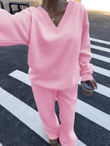 SHEIN EZwear 2 件套女士超大 V 领蓬松羊毛弹力宽松运动衫和运动裤，休闲秋冬 - 粉色 - 查看 6