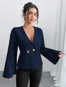 INAWLY Cardigan elegante feminino, fofo, quente, decote em V, manga sino, cintura marcada, jaqueta curta - Azul marinho - Ver 6